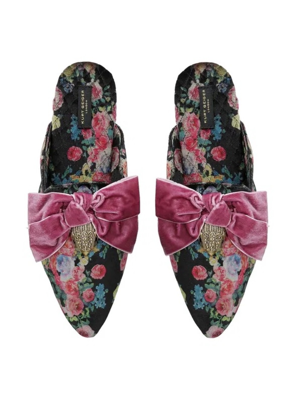 NWOT Kurt Geiger Velvet Floral Pointed Mules Mauve Bow large size 7-8 Slippers